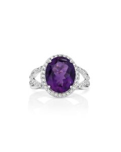 4.04 Cts Amethyst and White Diamond Ring in 14K White Gold