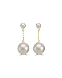 Classic Round Pearl Dangle Earrings with Luxury Gold Chain - White Pearl Drop Jewelry in 18K Yellow Gold
