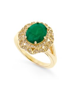 2.73 Cts Emerald and White Diamond Ring in Yellow Gold Plated Sterling Silver